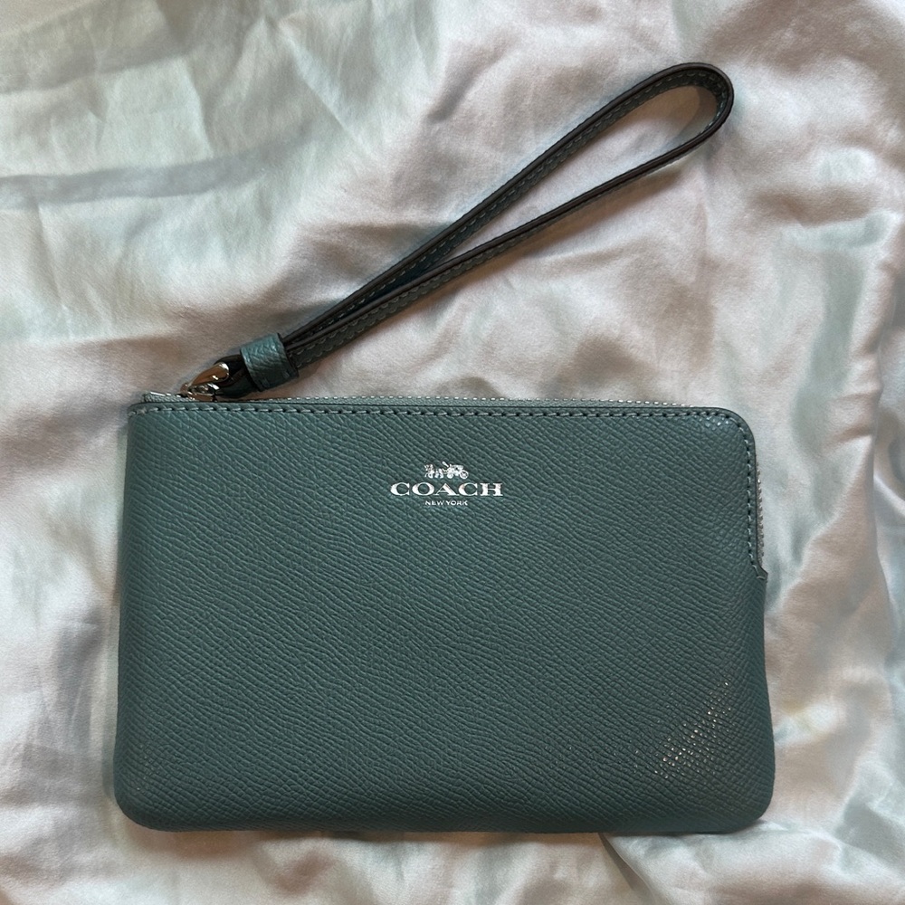 Coach Tiffany Blue Leather Wristlet with silver zipper